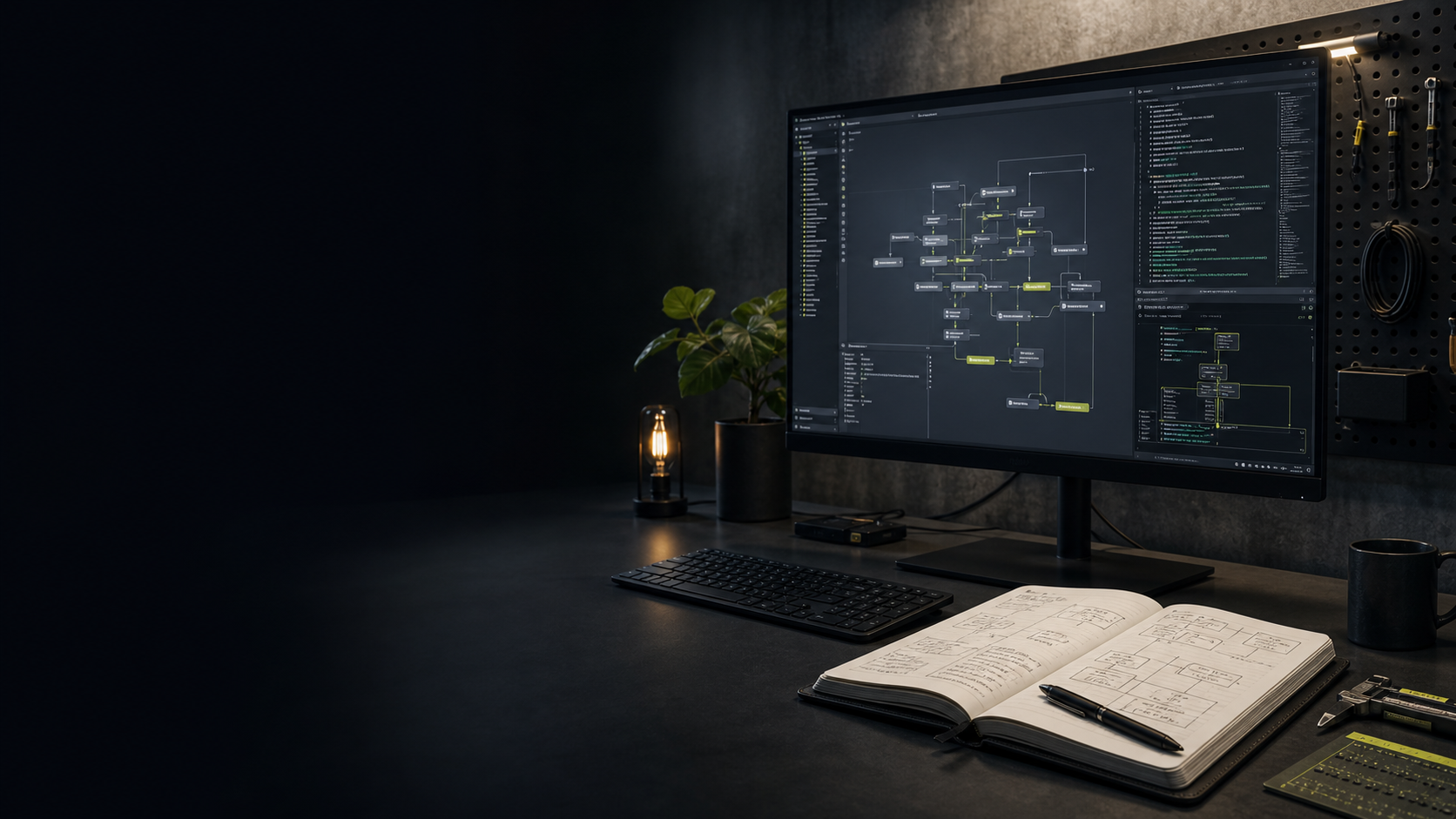 Estudio de desarrollo con arquitectura de software en pantalla y diagramas de trabajo